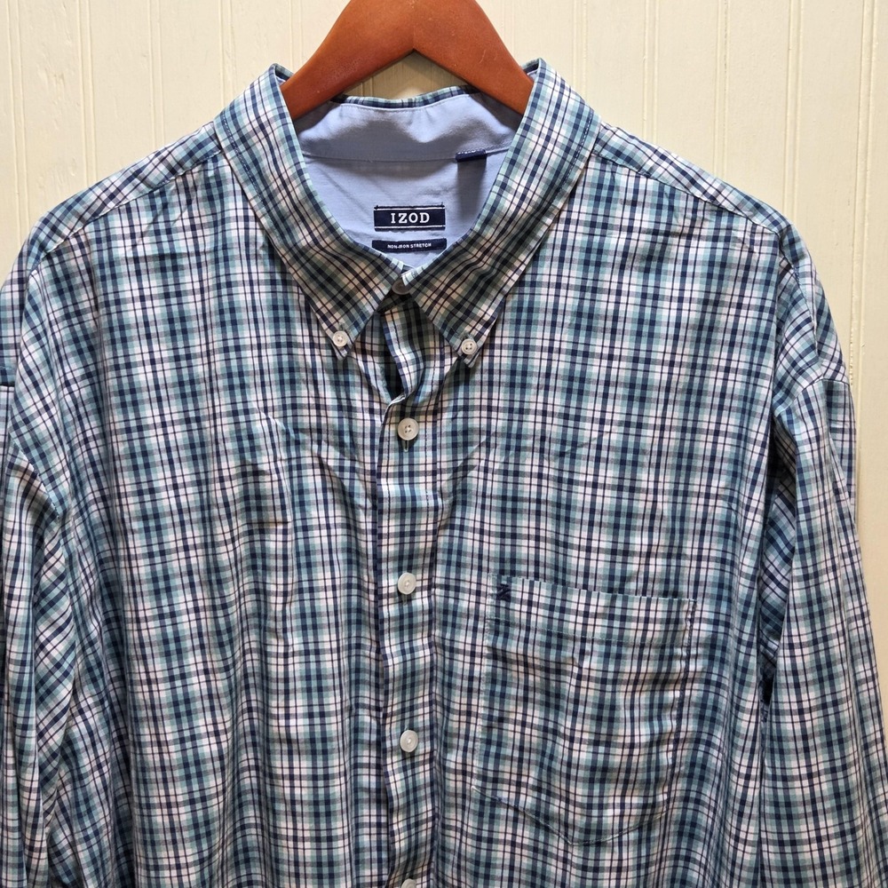IZOD Shirt Mens 3XL Blue Green Plaid Long Sleeve Button Down Non Iron Stretch